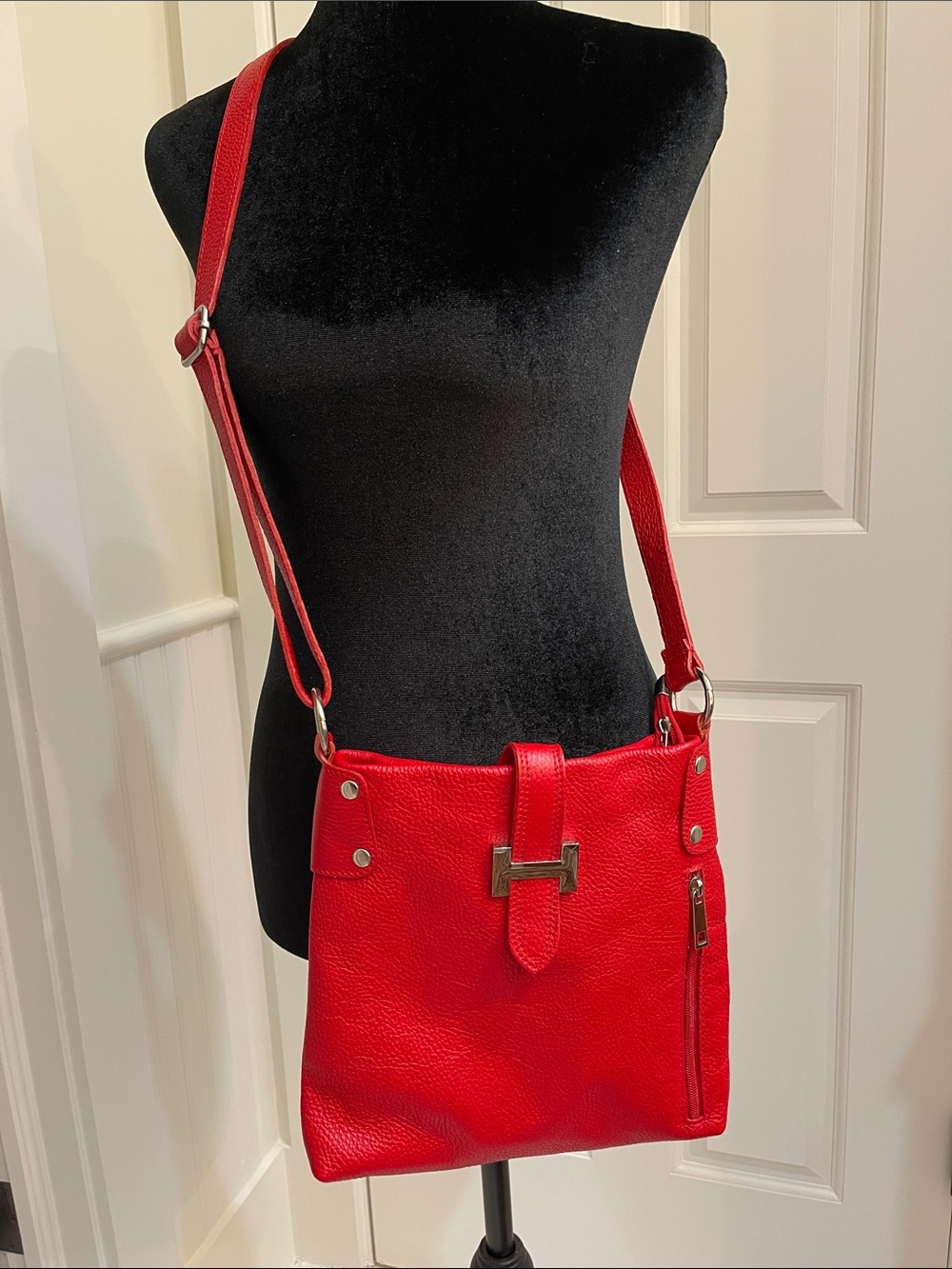 Red Soft Italian Leather Crossbody Bag New
